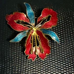 Vintage gold-plated burgundy/blue cloisonne enamel orchid broach